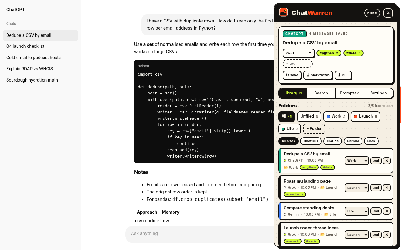 ChatWarren's drawer open on a chat page, showing folders, tags and a list of saved chats
